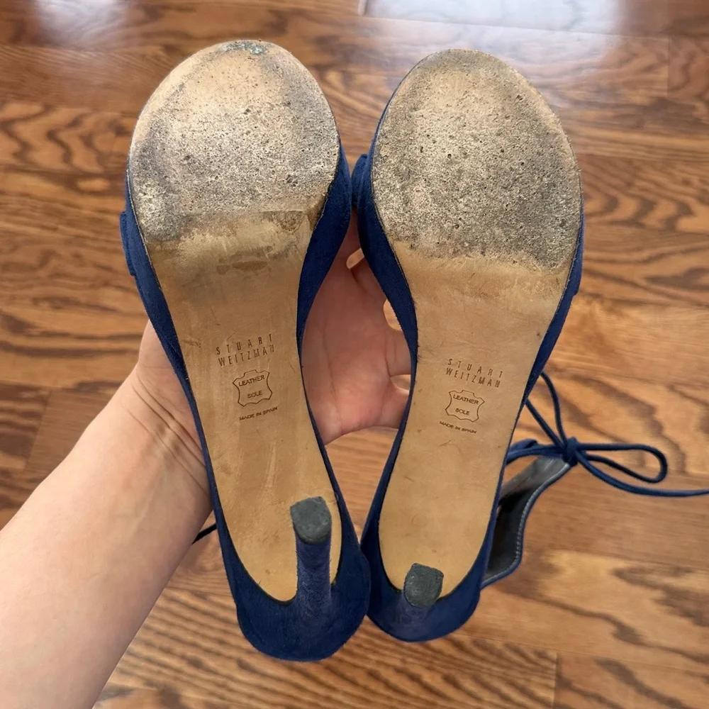 Stuart Weitzman Blue Suede Platform Heels 7.5 Made in Spain Lace-Up Stiletto